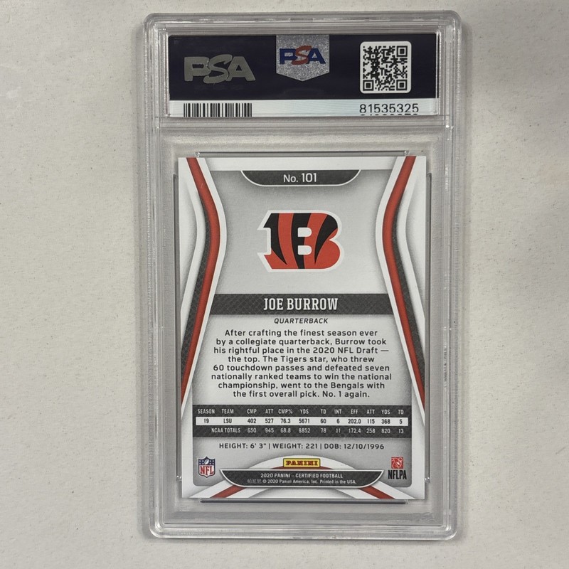 2020 Panini Certified Mirror - Joe Burrow Rookie (RC) /299 - PSA 9 view 2