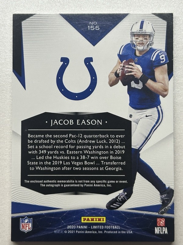 2020 Limited Jacob Eason Rookie Patch Auto RPA /75 Colts RC #155 view 2