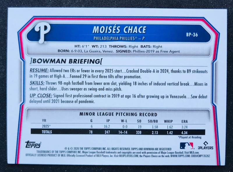 2026 Bowman Chrome Baseball Moises Chace Yellow Border 1st Prospect /75 Phillies view 2