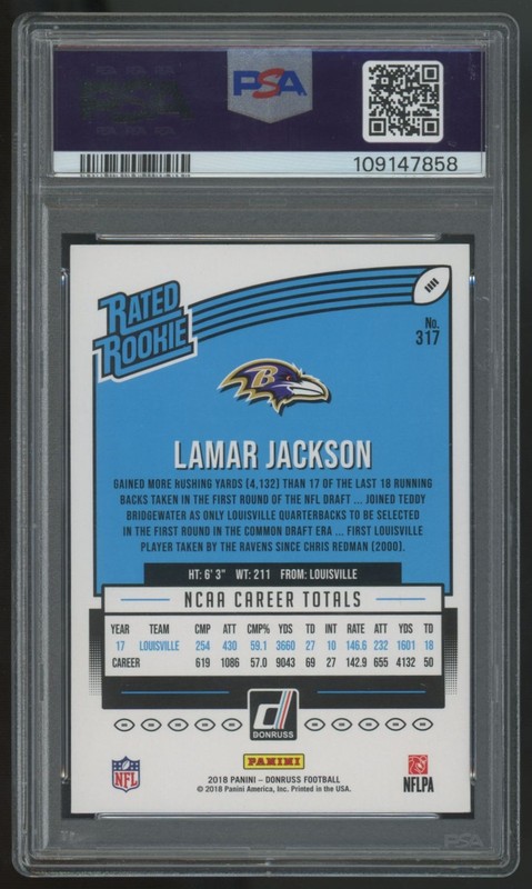 2018 Panini Donruss Lamar Jackson RC Rated Rookie #317 PSA 9 view 2