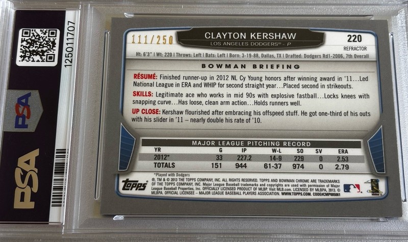 Clayton Kershaw 2013 Bowman Chrome Blue Refractor PSA 9 Dodgers #111/250 view 2