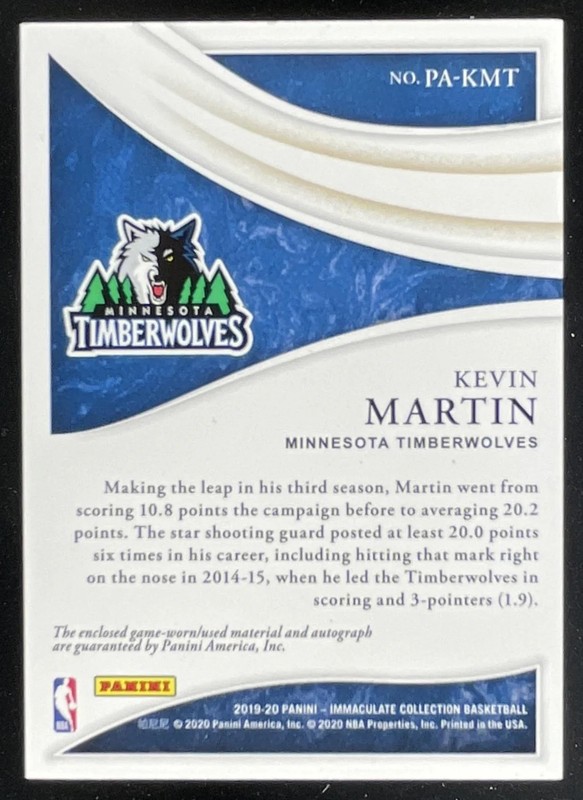 2019-20 Immaculate Collection Patch Jersey Number #PA-KMT Kevin Martin Auto /23 view 2