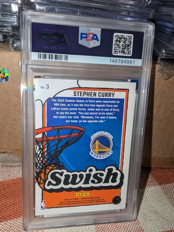 2024-25 Panini Donruss Swish Stephen Curry #3 International Blue Stars /99 PSA 9 view 2