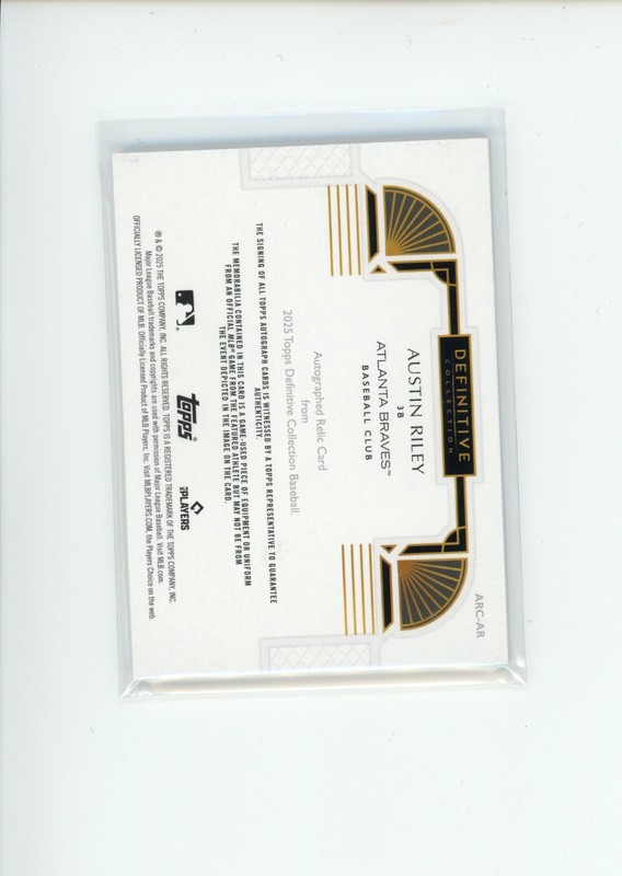 2025 Topps Definitive Austin Riley #ARC-AR Game Used Memorabilia Relic Auto 2/10 view 2
