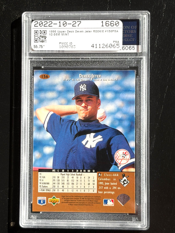 1996 UPPER DECK DEREK JETER #156 ROOKIE RC PSA 10 GEM MINT YANKEES view 2