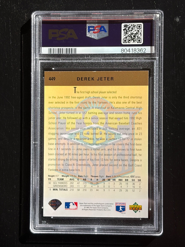 1993 Pinnacle Derek Jeter RC #457 PSA 9 MINT HOF YANKEES view 2