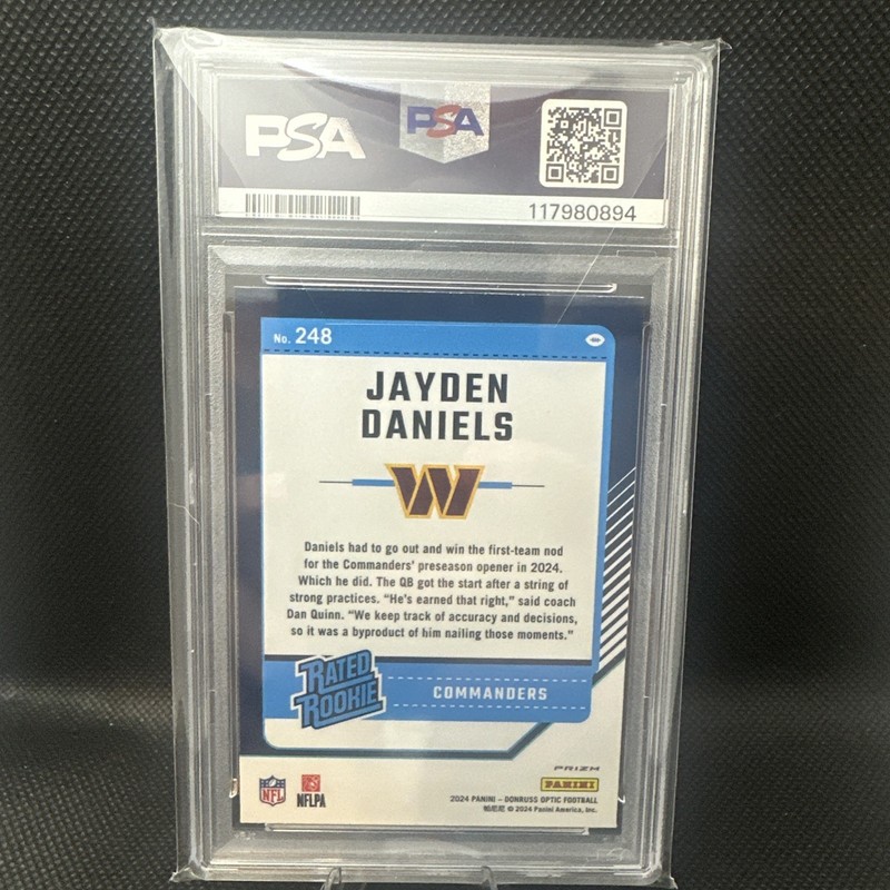 2024 PANINI DONRUSS OPTIC PURPLE SHOCK #248 JAYDEN DANIELS ROOKIE RC PSA 10 view 2