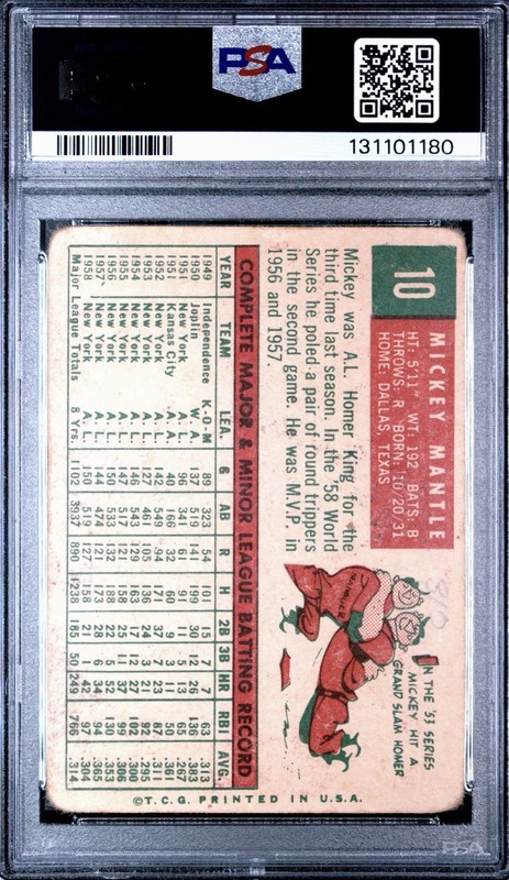 1959 TOPPS #10 MICKEY MANTLE PSA 1 Excellent Eye appeal view 2