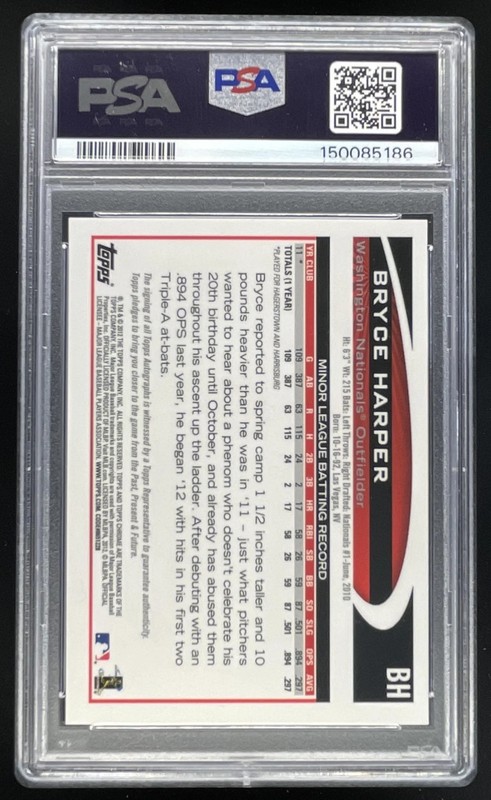 2012 Topps Chrome Rookie Autographs #BH Bryce Harper RC Auto PSA 9 view 2