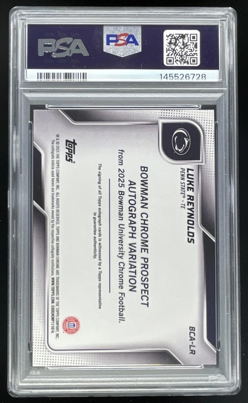 2025 Bowman Chrome University Purple #BCA-LR Luke Reynolds Auto /75 PSA 9 view 2