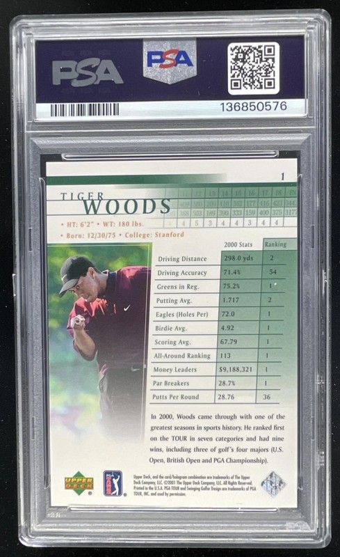 2001 Upper Deck #1 Tiger Woods RC PSA 8 view 2