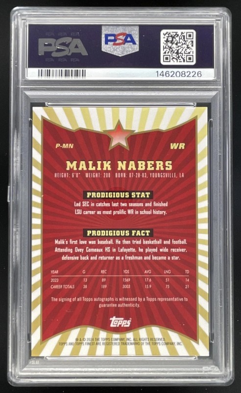 2024 Topps Finest Prodigies Gold #P-MN Malik Nabers RC Auto /50 PSA 7 view 2