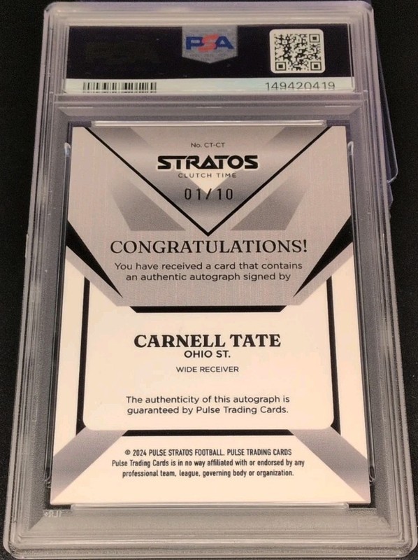 POP 1 PSA 10/10 01/10 2025 Carnell Tate Autograph #CT-CT Titans RC AU ALPHA view 2