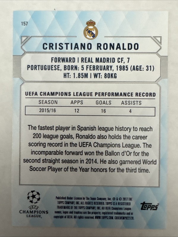 2016-17 Topps UEFA Champions League Showcase - Cristiano Ronaldo #157 Orange view 2