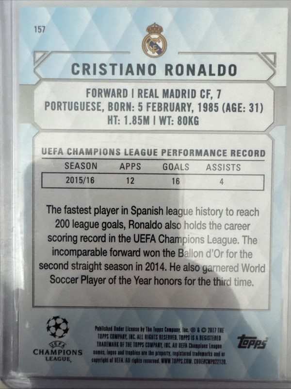 2016-17 Topps UEFA Champions League Showcase - Cristiano Ronaldo #157 view 2