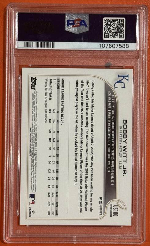 2022 Topps Update #US100 Bobby Witt Jr Kansas City Royals PSA 10 GEM MINT ROOKIE view 2