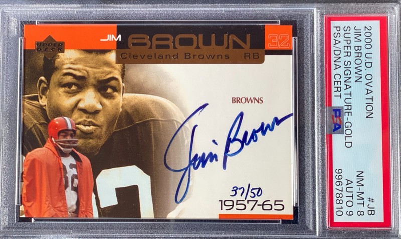 Jim Brown 2000 U.D. Ovation Super Signature Gold 37/50 PSA Grade 8 & PSA Auto 9