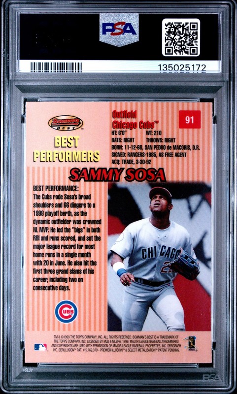 1999 Bowman's Best Sammy Sosa #91 PSA 9 view 2