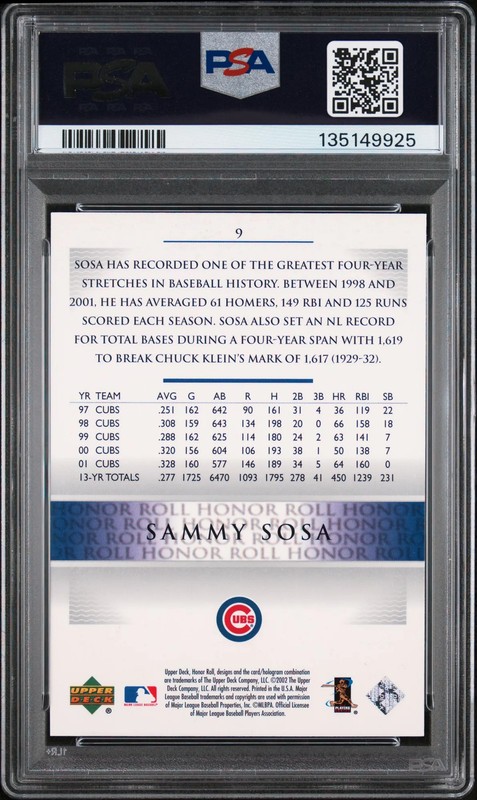 2002 Upper Deck Honor Roll Sammy Sosa #9 PSA 9 view 2