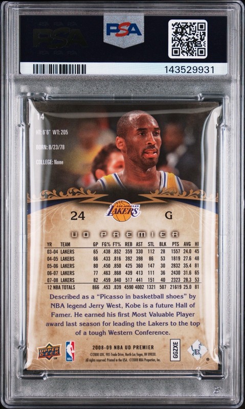 2008 Upper Deck UD Premier Kobe Bryant /99 PSA 9 Pop 5, 1 Higher Mamba #14 view 2