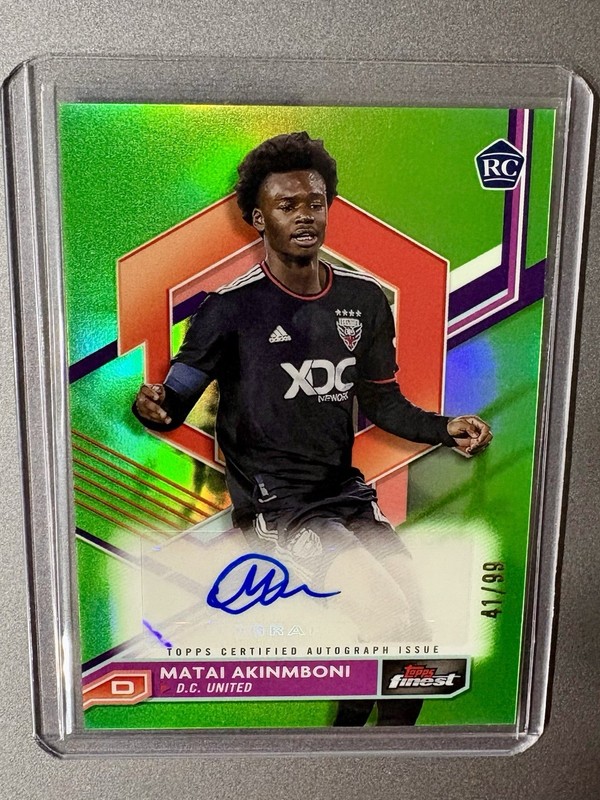 2023 Topps Finest MLS Autographs Matai Akinmboni Rookie Neon Green Auto /99