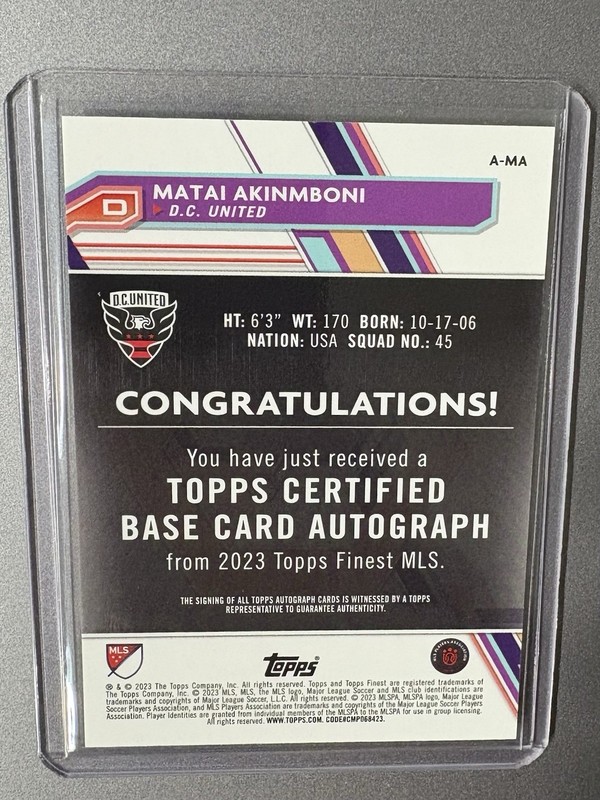 2023 Topps Finest MLS Autographs Matai Akinmboni Rookie Neon Green Auto /99 view 2