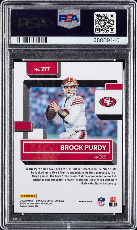 2022 Panini Donruss Optic - Brock Purdy Rated Rookie #277 Holo Prizm (RC) PSA 10 view 2