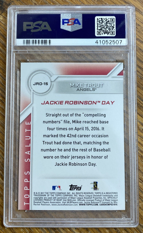 MIKE TROUT 2017 TOPPS JACKIE ROBINSON DAY #JRD15 PSA MINT 9 LOS ANGELES ANGELS view 2