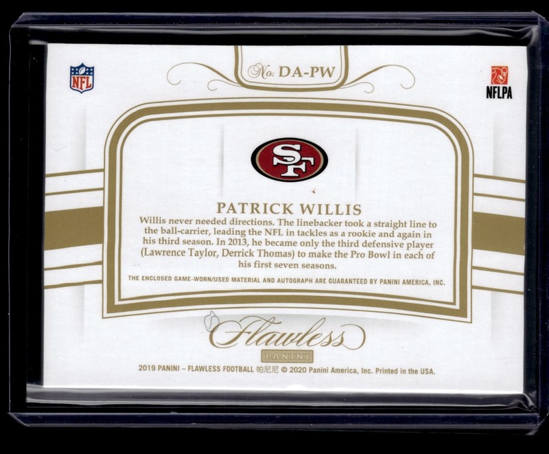 PATRICK WILLIS #20/20 2019 PANINI FLAWLESS 2 COLOR PATCH AUTO SILVER 49ERS view 2