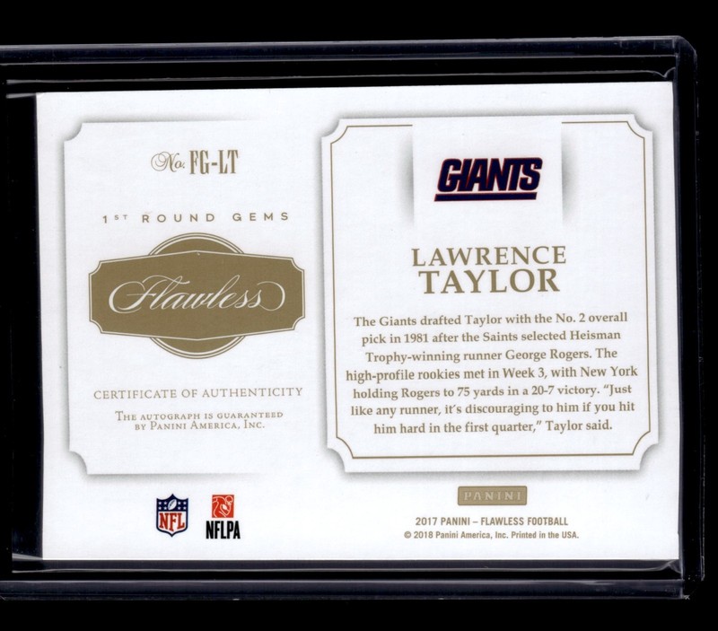LAWRENCE TAYLOR #/20 2017 PANINI FLAWLESS 1ST ROUND GEMS SILVER ON CARD AUTO view 2
