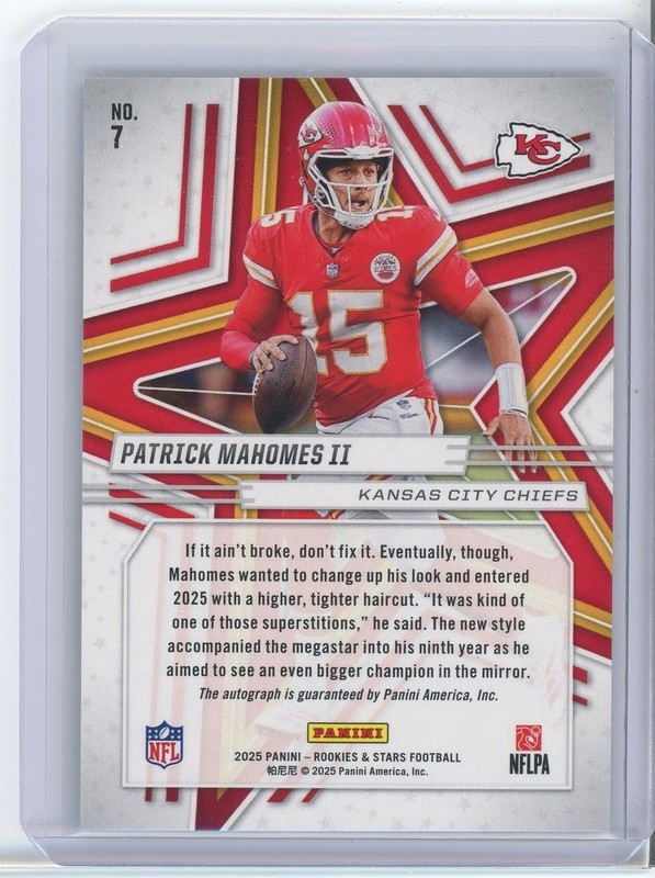 PATRICK MAHOMES 2025 PANINI ROOKIES & STARS SILVER PRIZM AUTO 1/25 view 2