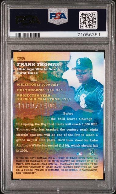 1999 Finest FRANK THOMAS Milestones REFRACTOR 1100/1400 w/ Coating # M30 PSA 7 view 2