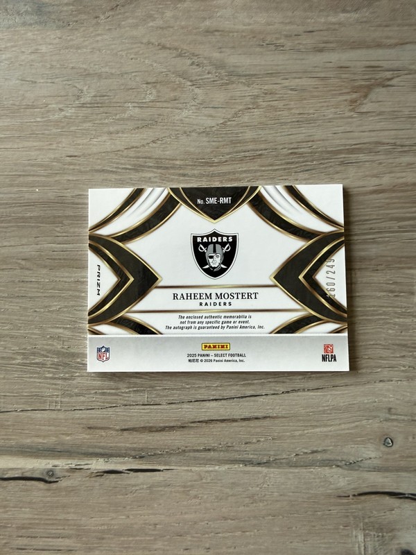 2025 Panini Select /249 Raheem Mostert Patch Auto Silver Prizm #SME-RMT Raiders view 2