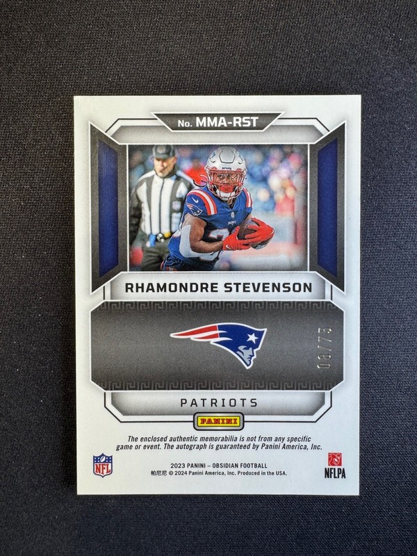 2023 Panini Obsidian Rhamondre Stevenson Patch Auto #MMA-RST Patriots #d 08/75 view 2