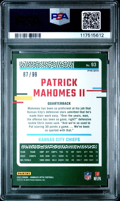 2023 Panini Donruss Optic Patrick Mahomes #93 Red Prizm /99 PSA 10 Color Match view 2