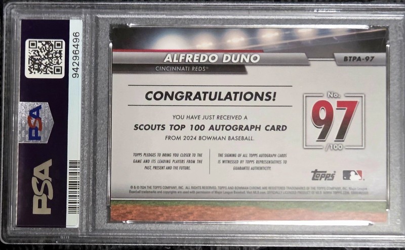 2024 Bowman Chrome Alfredo Duno Scouts Top 100 Auto /99 - PSA 9 view 2