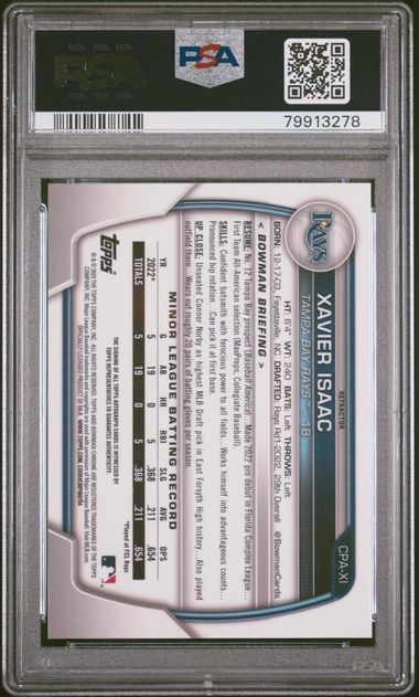 2023 Bowman - Xavier Isaac Prospect 1st Refractor Auto /499 PSA 10 #CPAXI Rays view 2