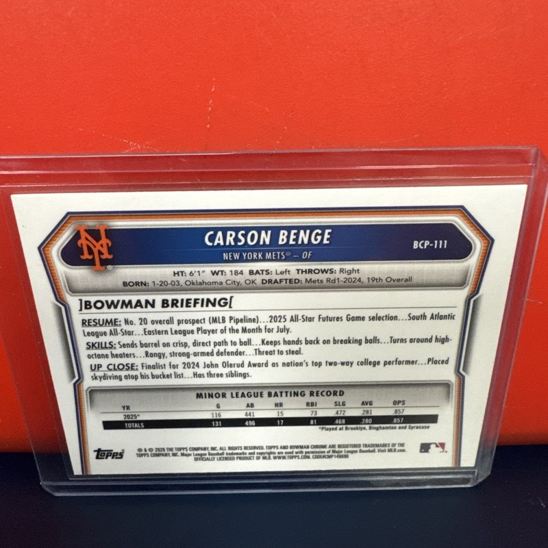 CARSON BENGE 2026 BOWMAN CHROME PURPLE GEOMETRIC REFRACTOR /250 METS C Q3855 view 2