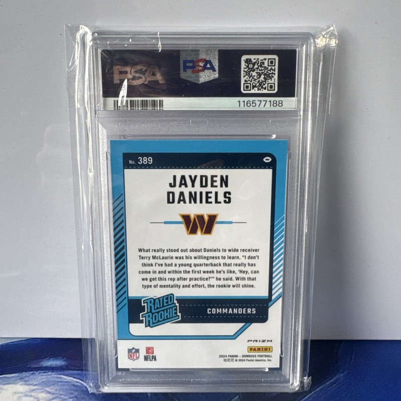 2024 Panini Donruss - Jayden Daniels PSA 9 RC Optic Preview Pink #389 view 2