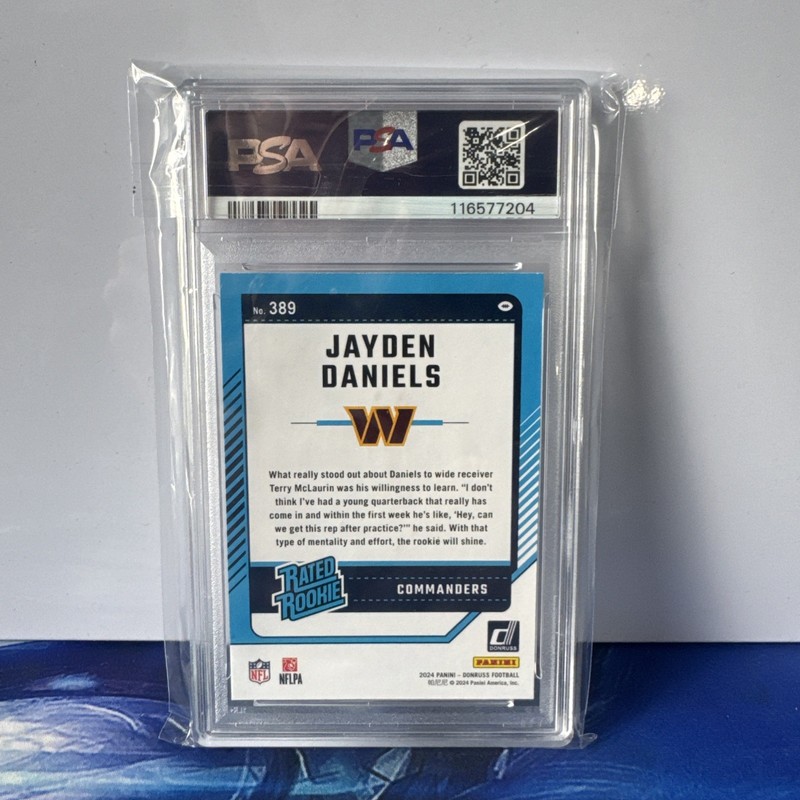 JAYDEN DANIELS PSA 10 2024 PANINI DONRUSS #389 RATED ROOKIE RC COMMANDERS  view 2