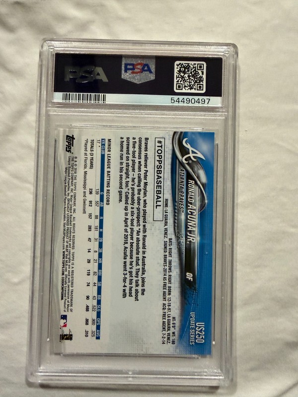 2018 Topps Update Ronald Acuna Jr At-Bat In Blue Jersey #US250 PSA 9 MINT view 2
