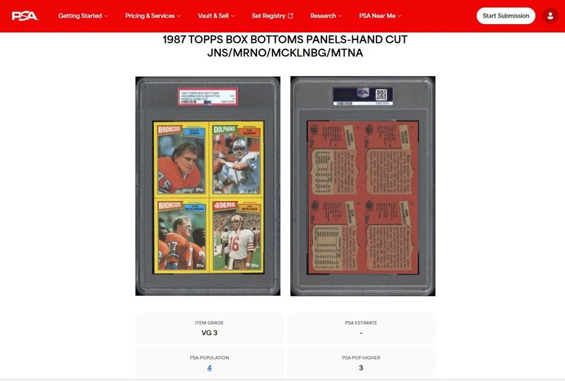 1987 Topps Box Bottoms Dan Marino, Joe Montana, Karl Mecklenburg PSA-3