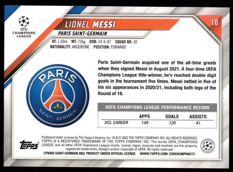 Lionel Messi - 2021-22 Topps UEFA Champions League #10 FREE SHIPPING!! view 2
