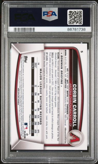 CORBIN CARROLL 2023 Bowman Chrome Sapphire Ed. #5 Rookie RC PSA 10 view 2