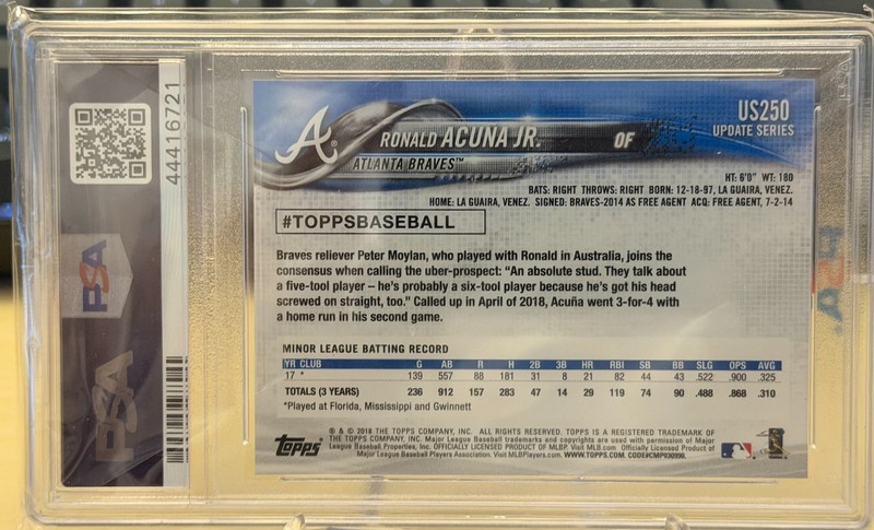 2018 Topps Update Ronald Acuna Jr. Rookie RC #US250 PSA 10 GEM MINT view 2