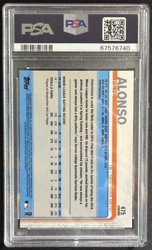 PSA 10 2019 TOPPS CHROME PETE ALONSO ROOKIE SAPPHIRE SP RC #475 METS view 2