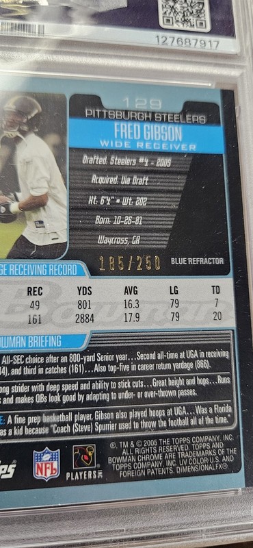 Fred Gibson 2005 Bowman Chrome Blue Refractor RC PSA 10 POP 1 #185/250 UGA & Pit view 2