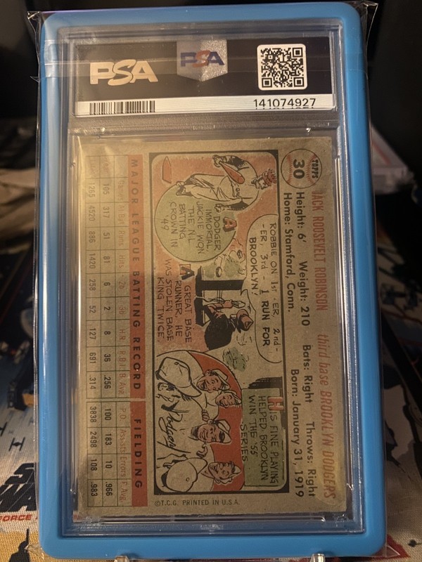 1956 Topps #30 Jackie Robinson Gray Back PSA 2 eye appeal almost perfect center view 2