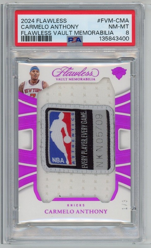 CARMELO ANTHONY 2024 FLAWLESS VAULT NBA LOGOMAN TAG /3 PSA 8 GAME USED