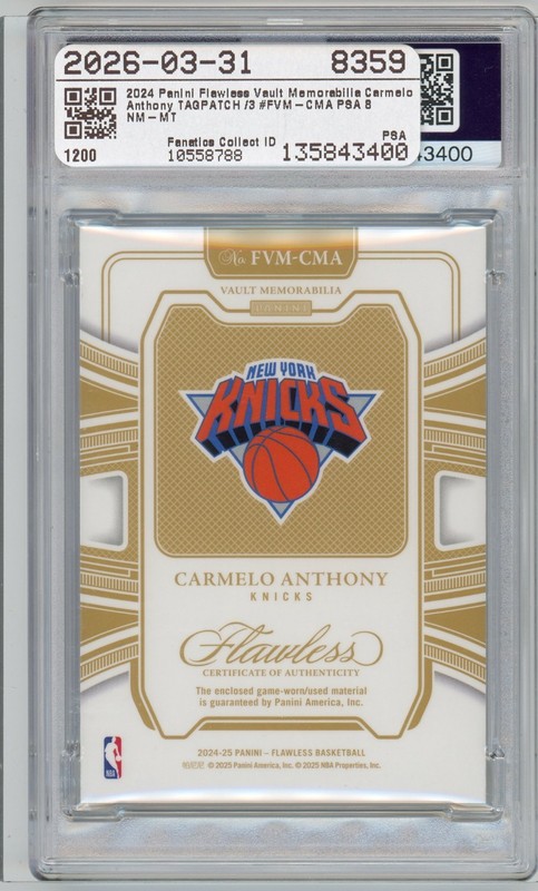 CARMELO ANTHONY 2024 FLAWLESS VAULT NBA LOGOMAN TAG /3 PSA 8 GAME USED view 2